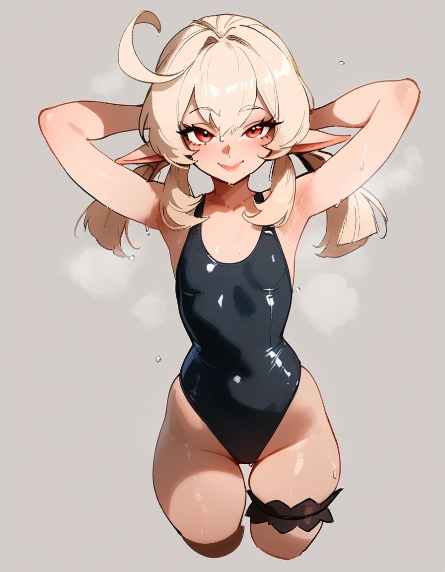 1girl, klee \(genshin impact\), genshin impact \\\\\ masterpiece, best quality, newest, ///// by nyantcha, , by khyle, cutesexyrobutts \\\\\ ,, thin waist, highres, absurdes. looking at viewer, solo, naughty face, solo, grey background, cropped legs,, black clothes, simple background,one-piece swimsuit, , bridal garter,skindentation , arms behind head, wet, sweat, shiny skin, lips, , straight-on, light red eyes, pale blonde hair with a prominent cowlick, and elf ears , (:1.2), petite