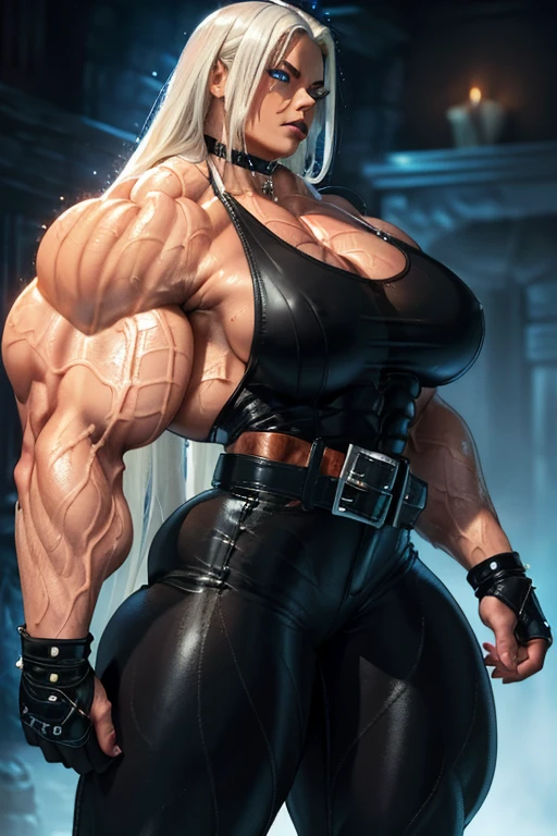 ((Close-up)), tall, ((wet White hair)) beautiful muscular woman, long straight hair, (sparkly wet brown skinned), closed smile, huge breast, (black lipstick), (massive muscles), (hyper muscle), (((ginormous bulky muscles))), ((glowing blue eyes)), ((black leather tank top)), (((black leather pants with belt))), fingerless gloves, ((flexing biceps)), choker, in a dark waterfall