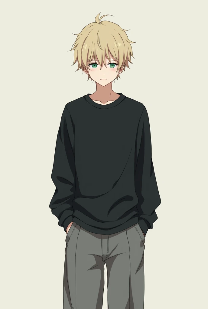 ANIME character man,
black sweatshirt, 
gray wide pants, 
pale white skin, 
tired face, 
light blonde hair,