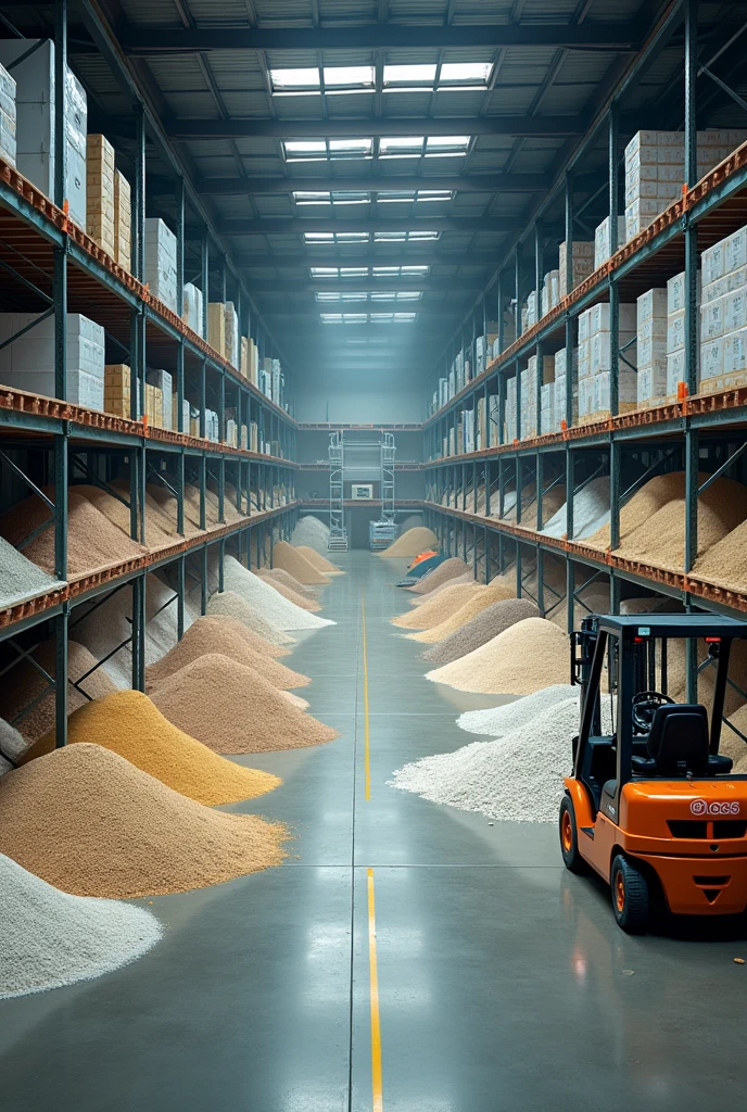 Storage of glass raw materials (arena, limestone, soda ash, Recycled glass) in an industrial warehouse
