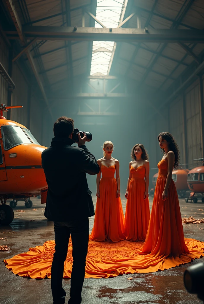 3D Style，Two-color，black，orange，Photographer and several beautiful models，factory，taller，Aircraft depot，Abandoned helicopter