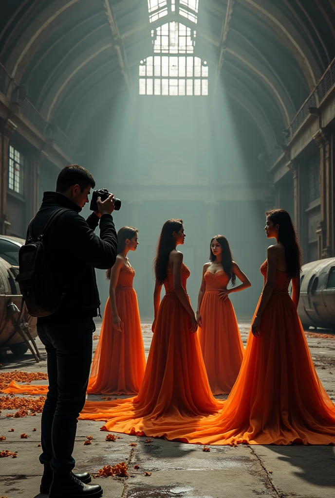 3D Style，Two-color，black，orange，Photographer and several beautiful models，factory，taller，Aircraft depot，Abandoned helicopter