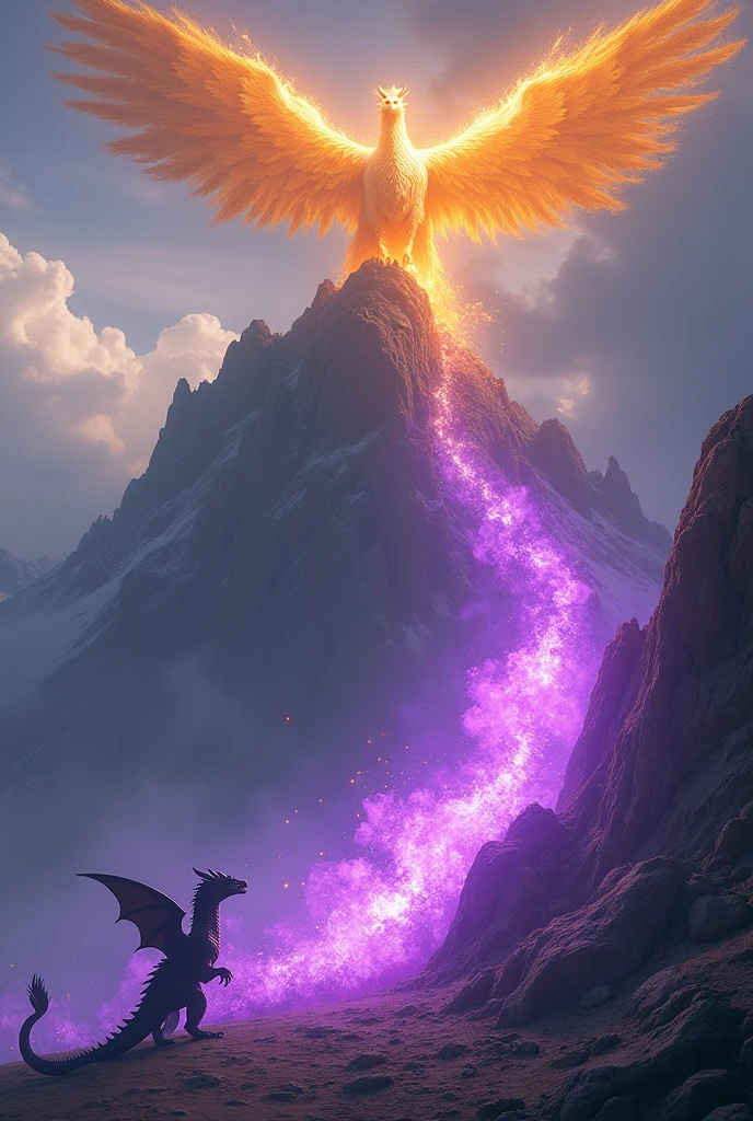 A small dragon of darkness launching an impressive attack of purple fire from the base of a mountain to a phoenix of golden flames that is at the top of the mountain 