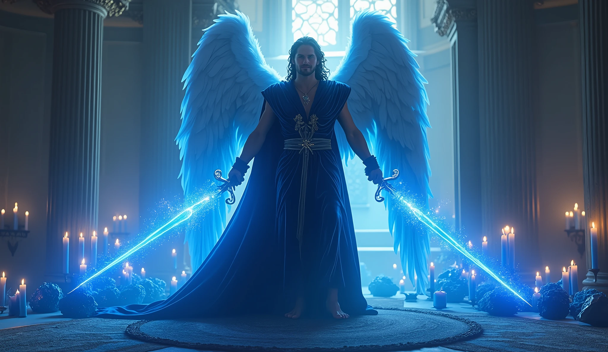 ultra realistic image of archangel michael chic velvet tunic and blue cape, with his blue flame sword blessing the couple's room and removing all evil, in the background many blue candles lit, blue kyanite crystals, , convey depth