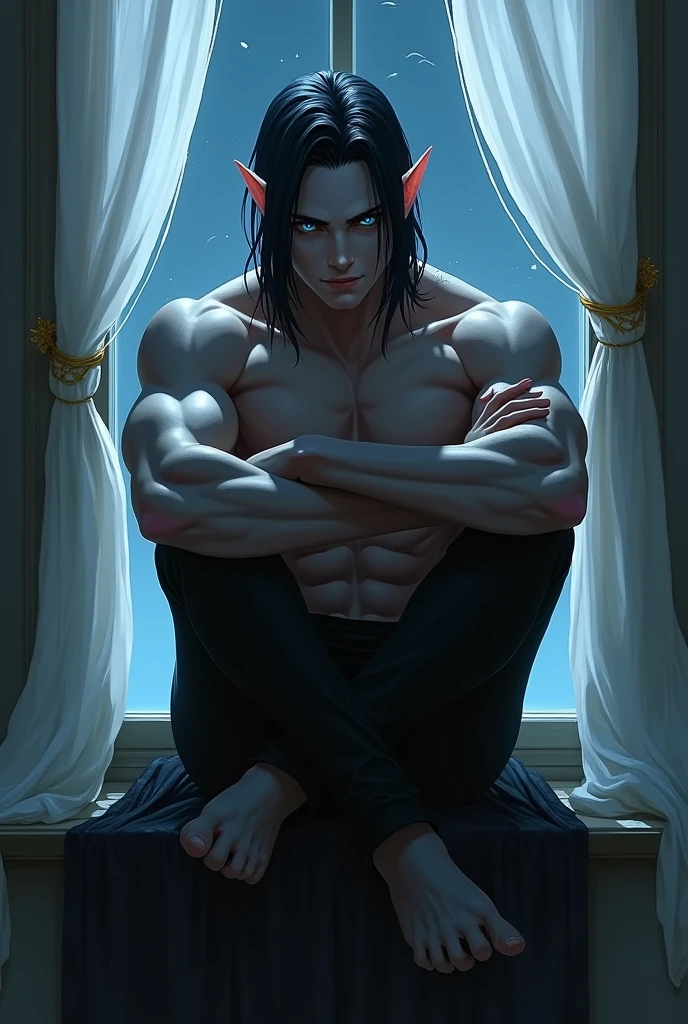 1 man, Imposing Man,tight black clothes. pointy ears. Shoulder length black hair with only the top part pulled back behind her head. blue eyes. fae. pale white skin. Digital art. Sitting on the edge of a window with the night in the background, White curtains fluttering in the night wind, arms crossed on chest, attractive and dangerous young man, dark and tense atmosphere, dim lighting