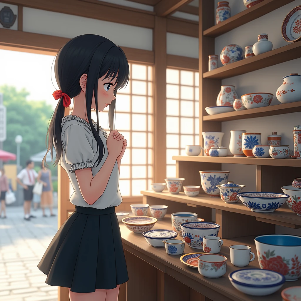 Anime movie style, Realistic Background,
A girl looking at ceramics, Hands in front of chest.
She is wearing a short sleeves frilled collarless white blouse.
She is wearing a black flared skirt with no pleats.
She is wearing Casual clothes.
She has a very long low twintails with red ribbons. black hair.
Bag on the shoulder, Late teens, Small breasts, Has dark brown eyes.
trip, Japanの陶磁器, Kutani ware plate, Bowl, Cup, shop, indoor, Japan, door, window, street,
Summer vacation, Daytime.
from side.