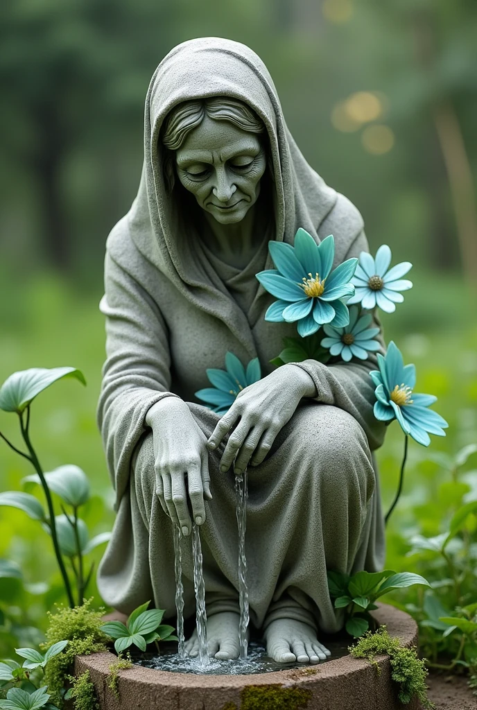 A sculpture of an old woman made of concrete with glass flowers from which water comes out and irrigates the field where it is