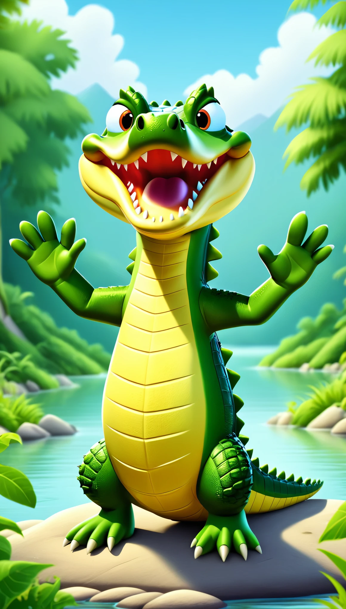 cute crocodile, cartoon , arms up, hands ,cute eyes, looking at viewer, lean, straight, lake, green
