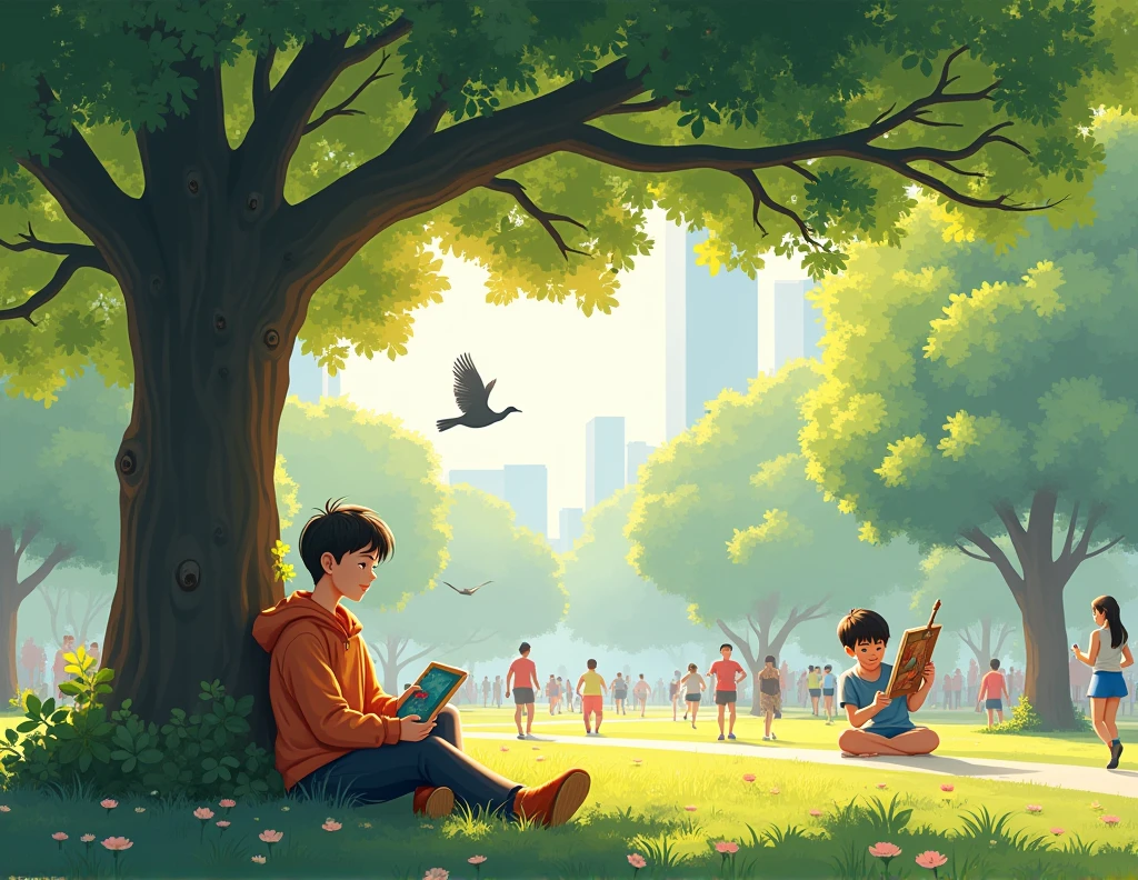 I always go running at Wangthonglang Park in the morning on Saturdays. The sun is shining and the birds are flying. People are walking and some are running. A boy is painting and a girl is singing. I am sitting under the tree and listening to music. It is not a special day but I am happy.