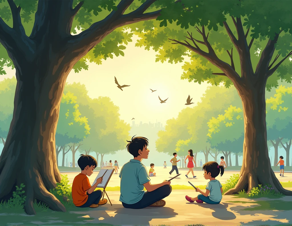 I always go running at Wangthonglang Park in the morning on Saturdays. The sun is shining and the birds are flying. People are walking and some are running. A boy is painting and a girl is singing. I am sitting under the tree and listening to music. It is not a special day but I am happy.