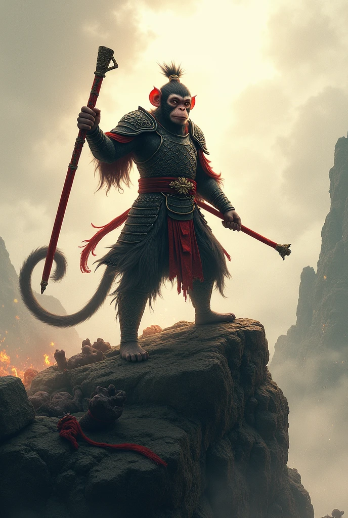 sun wukong\(Journey to the West,demi-human monkey, wearing Lu Bu\(Three Kingdoms\) black light armor\) holding the simple big red wooden staff, with a fighting stance, at the top of the corpses of the enemy monsters and looking down, view from below, ancient china