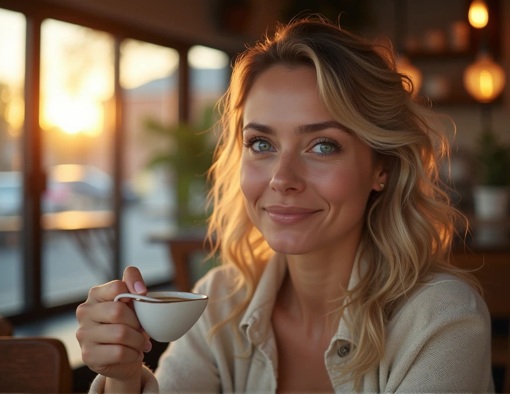 Beautiful blonde in pink sweater (Sipping coffee in modern cafe at sunset), Very detailed, 40 years old, some wrinkles, innocent face, natural wavy blonde hair, very blue eyes, high resolution, masterpiece , best quality, intricate details, Highly detailed, Sharpness, detailed skin, realistic skin texture, texture, detailed eyes, professional, 4k, charming smile, shot with Canon, 85mm, shallow depth of field, kodak vision color, body in perfect shape, extremely detailed, Photo_\(ultra\), photorealistic, realistic, Post-processing, maximum detail, roughness, real life, ultra realistic, Photorealism, Photography, 8K UHD, Photography