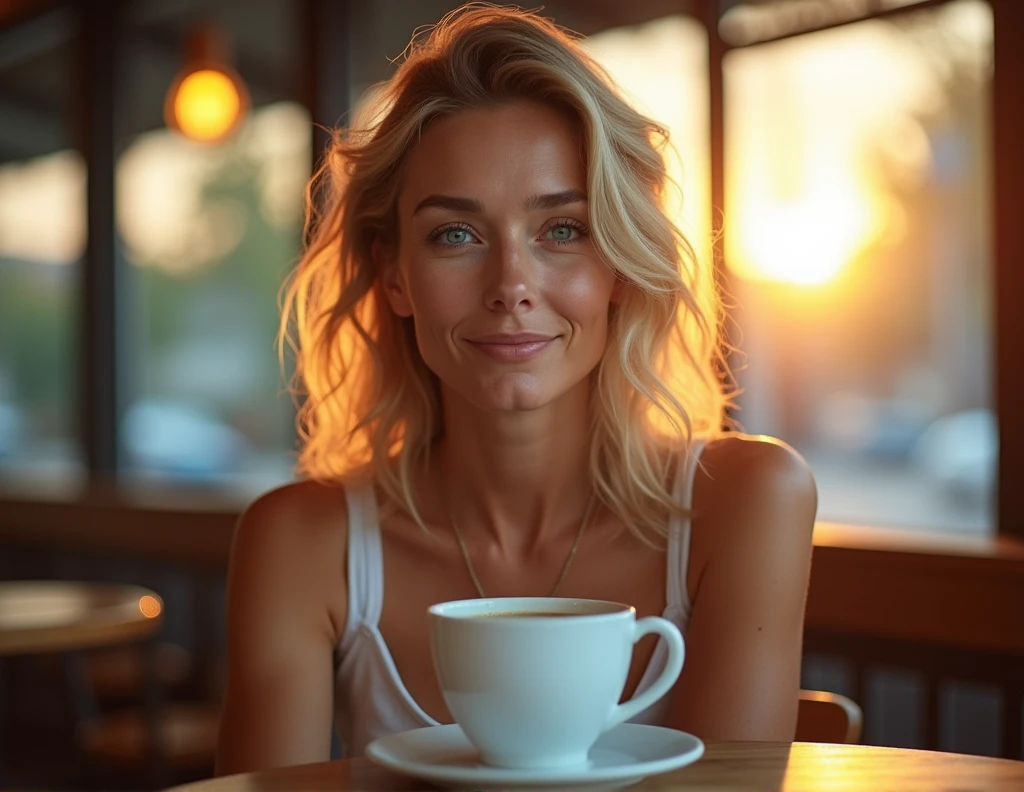 Beautiful blonde in pink sweater (Sipping coffee in modern cafe at sunset), Very detailed, 40 years old, some wrinkles, innocent face, natural wavy blonde hair, very blue eyes, high resolution, masterpiece , best quality, intricate details, Highly detailed, Sharpness, detailed skin, realistic skin texture, texture, detailed eyes, professional, 4k, charming smile, shot with Canon, 85mm, shallow depth of field, kodak vision color, body in perfect shape, extremely detailed, Photo_\(ultra\), photorealistic, realistic, Post-processing, maximum detail, roughness, real life, ultra realistic, Photorealism, Photography, 8K UHD, Photography