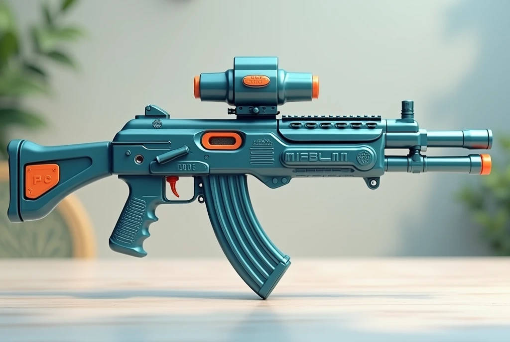 Mini double water gun toy,Integrated rifle mount,Q version,Magazine and scope,(Similar structure to AK47),(Double muzzle:1.3),Smooth lines,Plastic material,Three-color Morandi color matching,high quality,Professional Product Photography,Table background,3d, OC Rendering,