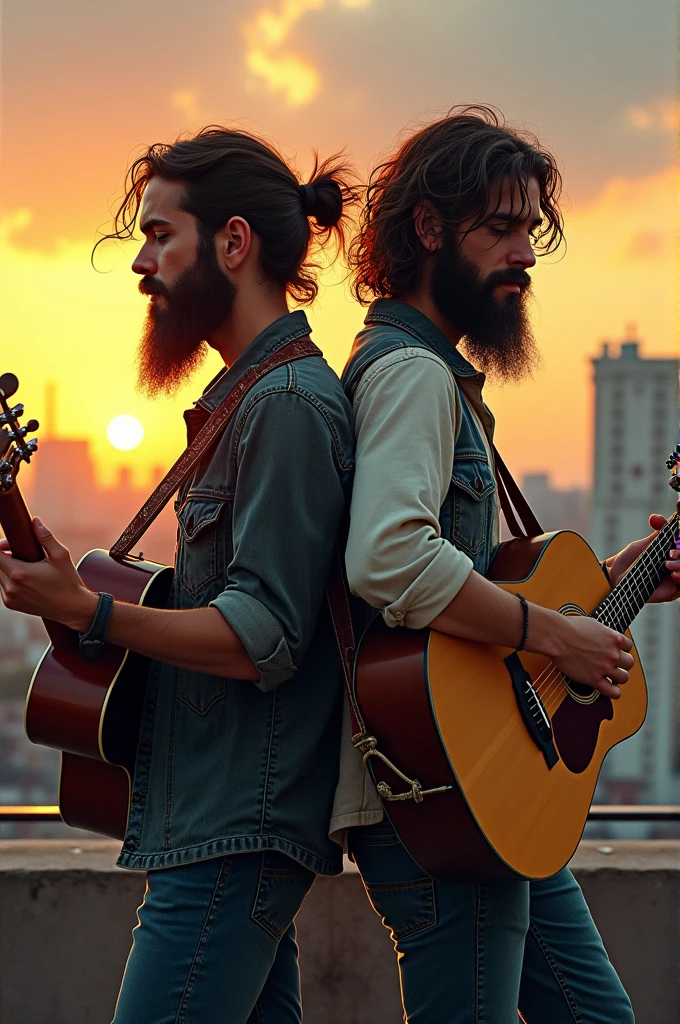 Drawing of two boys both playing the guitar with bohemian beards standing with their backs to each other on a roof at dusk