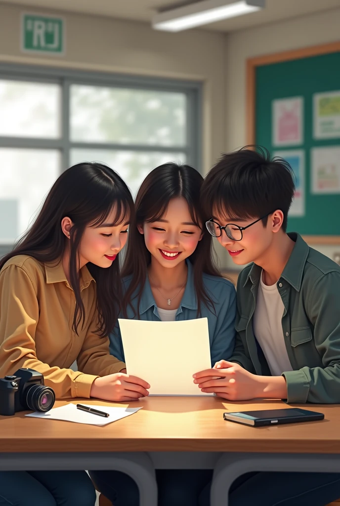Three asai student, 3 Woman 1 Man sit handout in one of class room that seem to be a photo club