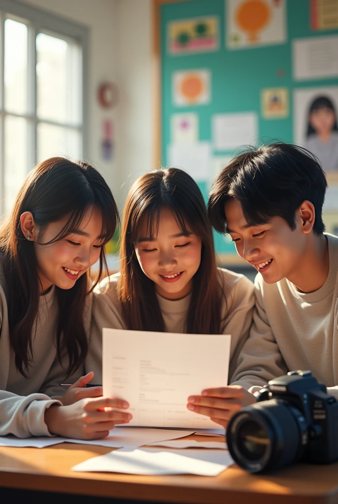Three asai teen student, 3 Woman 1 Man sit handout in one of class room that seem to be a photo club