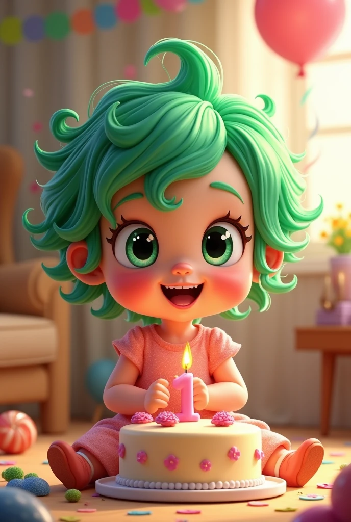 a little baby girl with green hair named lulu celebrate her first birthday in cartoon drawing