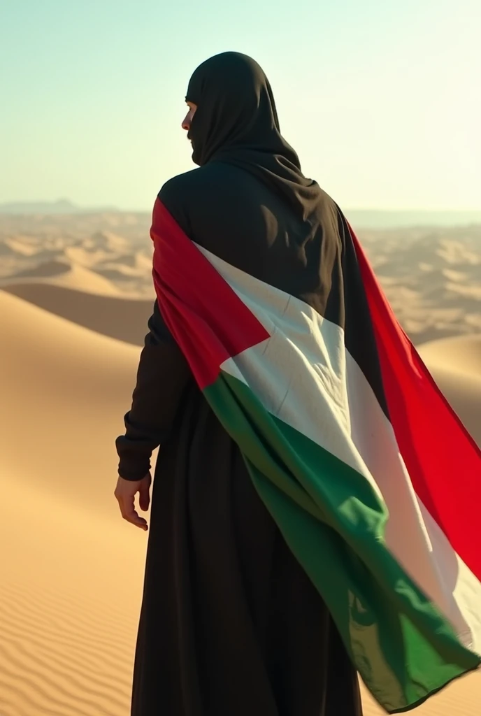 Man in black clothes with Palestinenan flag in desert cinematic 