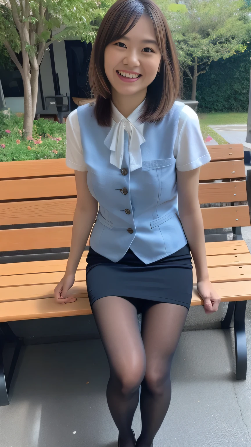high quality、8k、masterpiece、Ultra-high resolution、Clear photos、Professional Lighting、Natural light、Realistic、Highly detailed skin、Perfect Anatomy、Beautiful fingers、Beautiful Hands、One Woman、Age 25、Baby Face:1.6、Large Breasts、(Large areola)、Glamour、Bob Hair:1.8、Black Hair、Beautiful Hair、smile、(Squint your eyes and laugh:1.1)、office lady、(Black vest)、White short sleeve shirt、Blue Ribbon、(Black tight mini skirt)、(Perfect Pantyhose:1.2)、((Black Pantyhose))、blue sky、((at the park))、Sit on a bench、Obscene pose、(((Skirt Lift)))、((Full Body Shot:1.5))