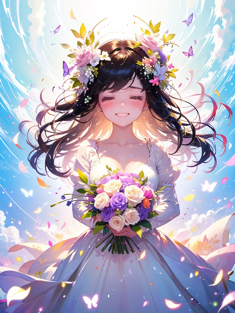 (masterpiece、Highest quality、Highest quality、Beautiful and beautiful:1.2)、(Perfect Anatomy:1.2)、Milky white straight hair girl、Butterfly Fairy、Floral costume、A radiant smile、Look up at the sky and close your eyes、pray。、Flowers and leaves on head、Surrounded by roses、Holding a bouquet、Rose Garden、A single tear、Tears of joy