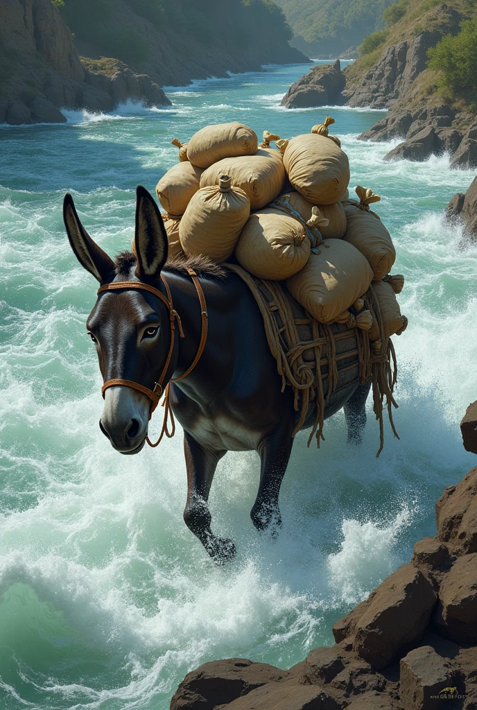 A donkey carrying many sacks drowns in a river