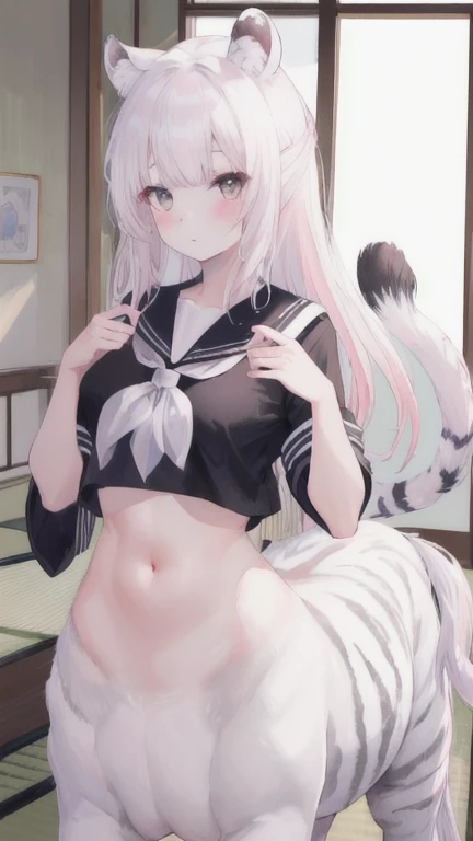 (best quality, masterpiece), 1 girl, centaur, I beg, White skin, Japanese schoolgirl, black pink, exposing the abdomen, belly button t-shirt , Beautiful girl perfect white tiger photo, perfect white tiger photo