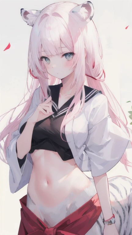 (best quality, masterpiece), 1 girl, centaur, I beg, White skin, Japanese schoolgirl, black pink, exposing the abdomen, belly button t-shirt , Beautiful girl perfect white tiger photo, perfect white tiger photo