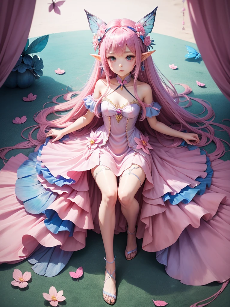 cute little Fairy, blue butterfly, pinkl hair, pink eyes, pink dress pointy ears dress made of petals leaves微笑む, Very long hair, Long pointed ears, flower、Leaf-style head dress, Feather Hair Accessories,