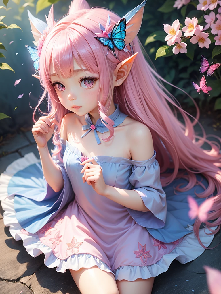 cute little Fairy, blue butterfly, pinkl hair, pink eyes, pink dress pointy ears dress made of petals leaves微笑む, Very long hair, Long pointed ears, flower、Leaf-style head dress, Feather Hair Accessories,