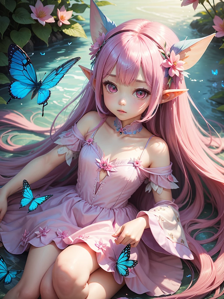 cute little Fairy, blue butterfly, pinkl hair, pink eyes, pink dress pointy ears dress made of petals leaves微笑む, Very long hair, Long pointed ears, flower、Leaf-style head dress, Feather Hair Accessories,