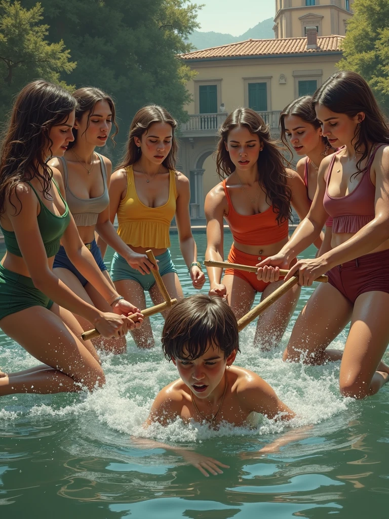 group of italian giels, beating a boy with sticks, holding his head under water