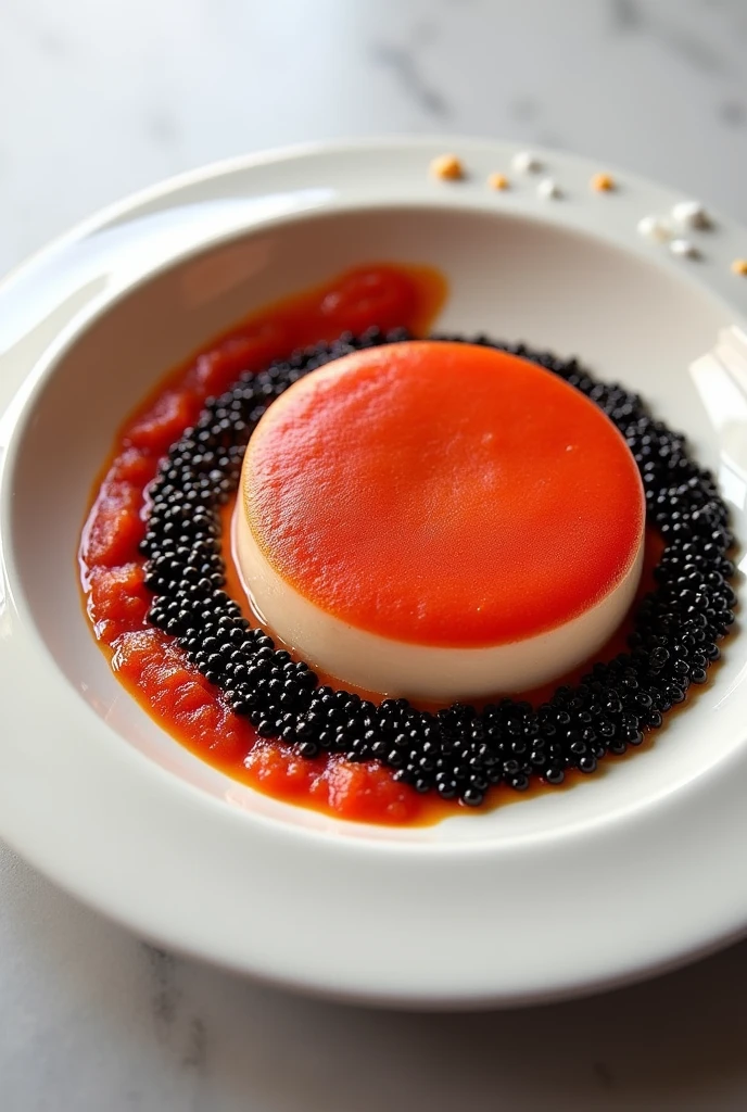 please create foamed tomato soup decorated by caviar around plate