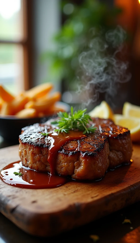 Steak Recipe Clean Photo Realistic Food, Hot and steamy, Sprinkle pepper sauce over the steak and let the brown sauce run down the sides of the steak., placed on a rustic wooden floor, Bright interior atmosphere, Medium contrast