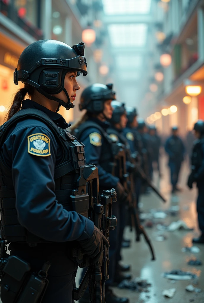  100 sexy armed police women in a vertical line are watching a violent riot unfolding in the mall