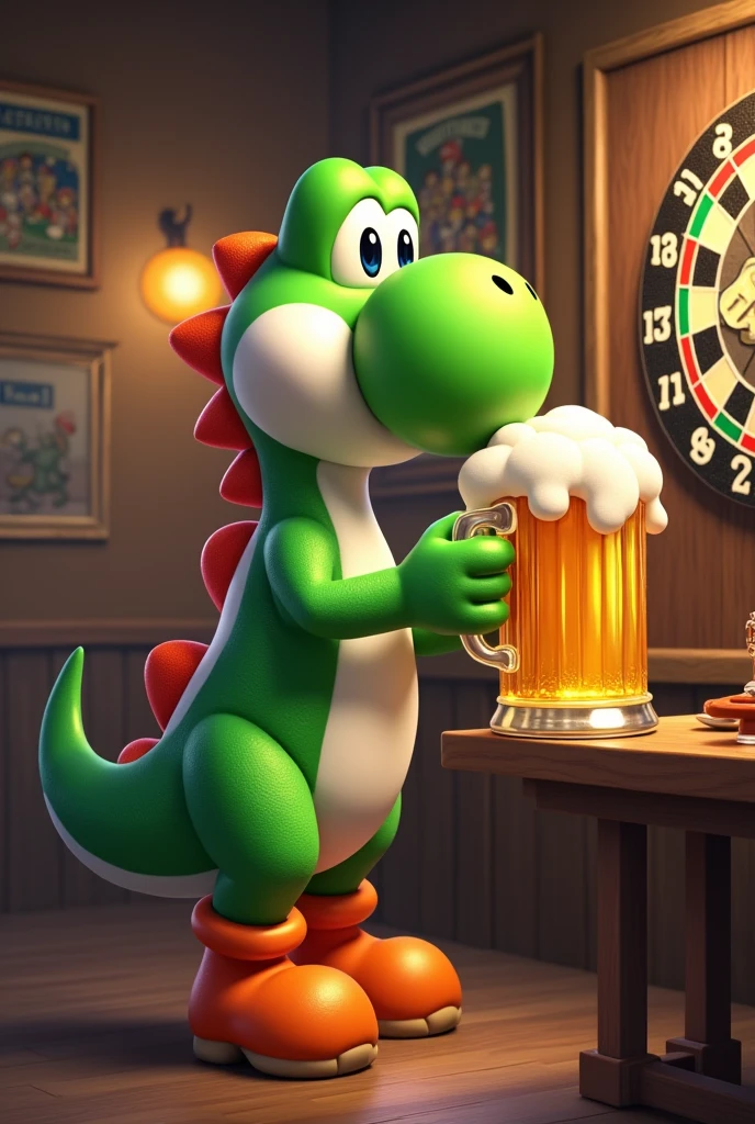Yoshi drinks a very large beer and plays darts