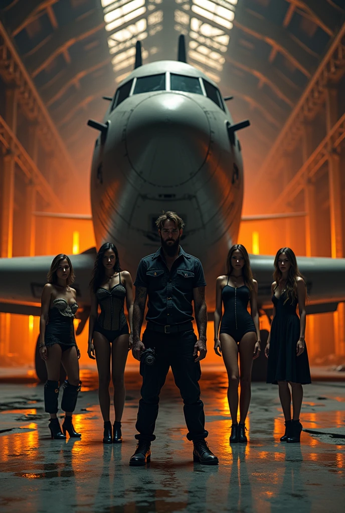 3D Style，Two-color，black，orange，Photographer and several beautiful models，factory，taller，Aircraft depot，Abandoned fighter plane