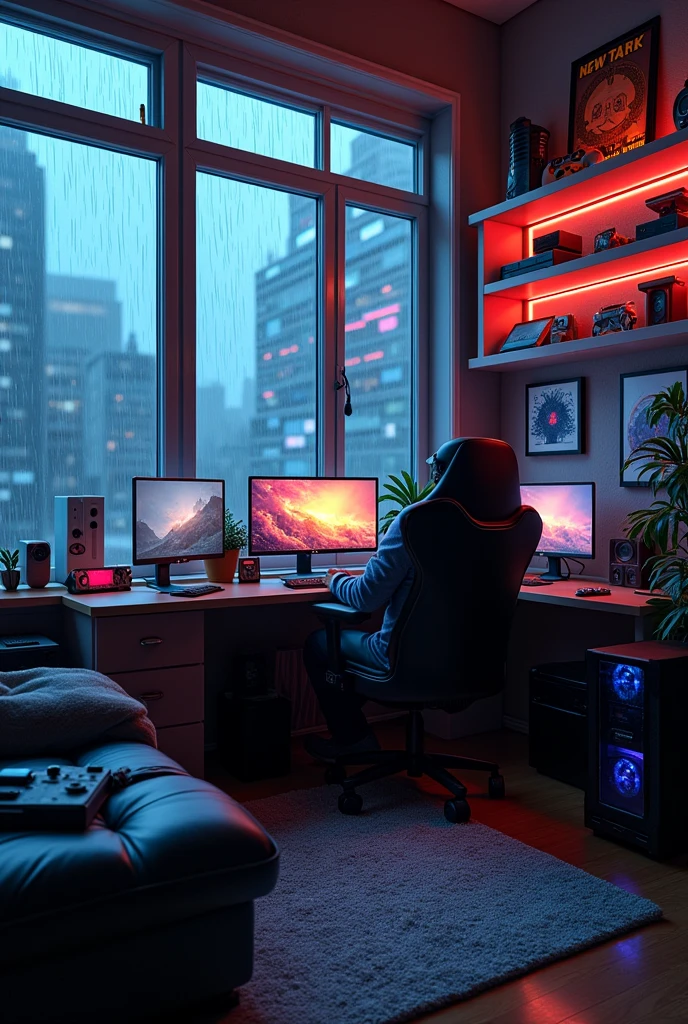 Make a gamer room on a cloudy and rainy day