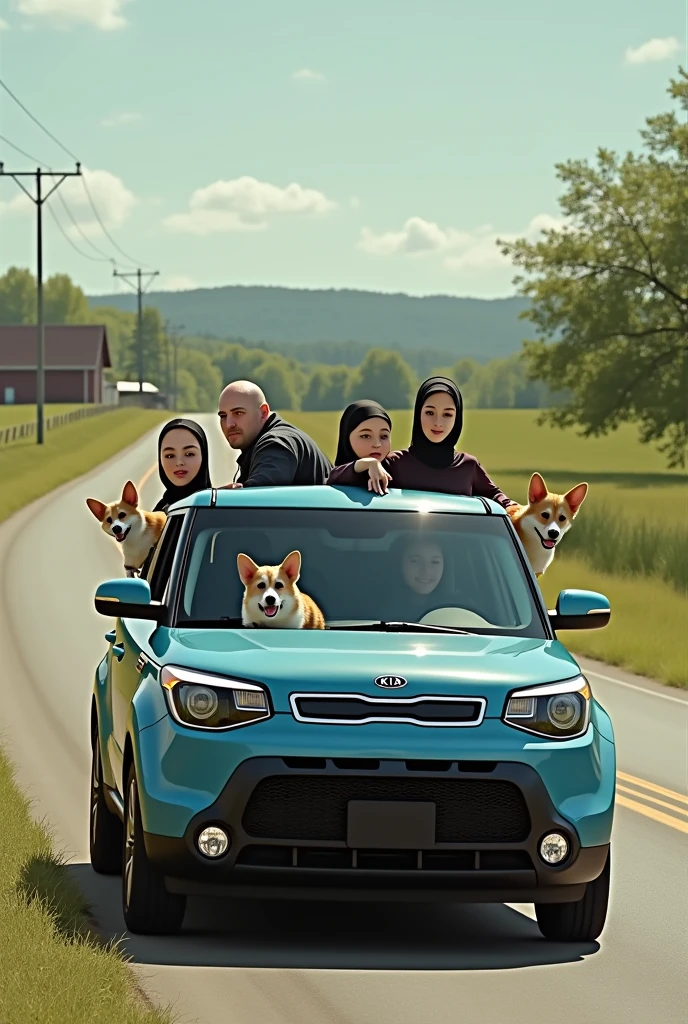 Amish family in a kia soul car with corhi dogs hanging out of the window. Photorealistic