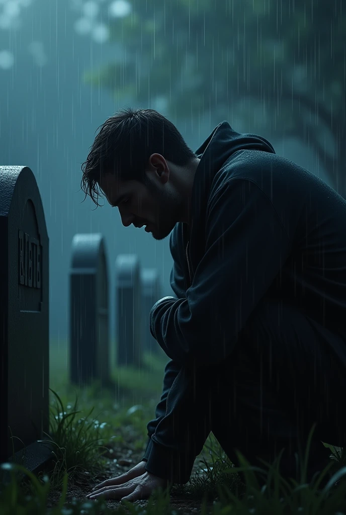 A sad and crying man at the grave in a cemetery at night and in the rain