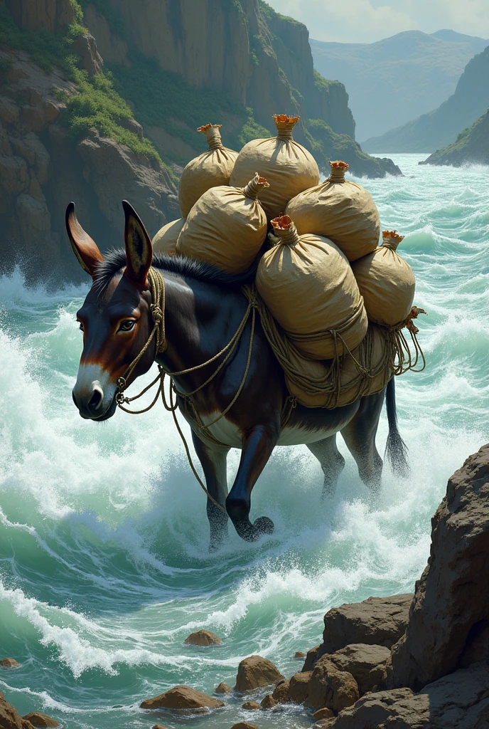 A donkey carrying many sacks drowns in a river 