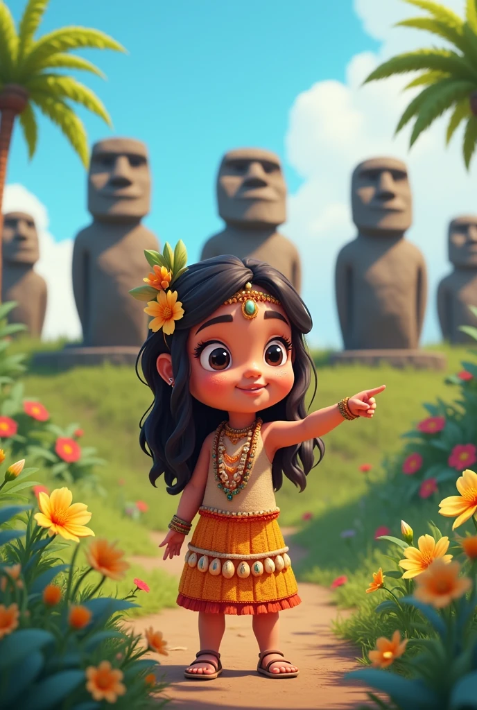 Create a kawaii animated character girl representing the native Chilean people Rapa Nui or Easter Island pointing to the right
