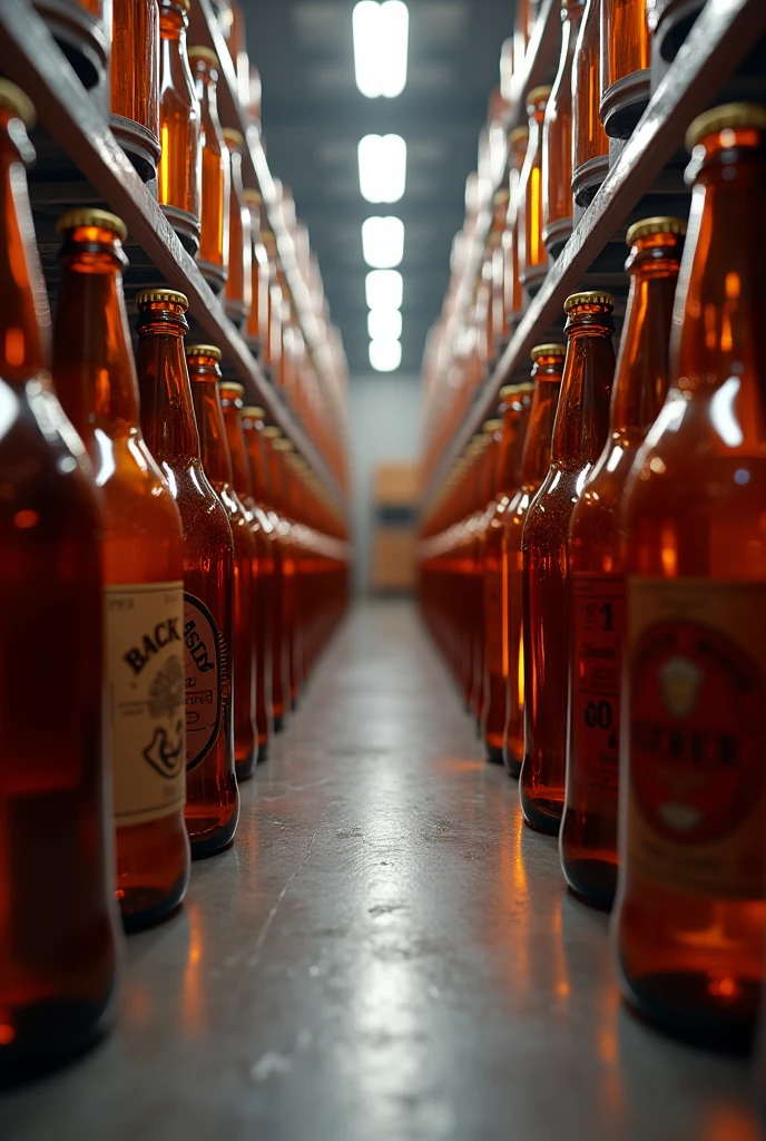 Storing amber glass beer bottles, in a warehouse
