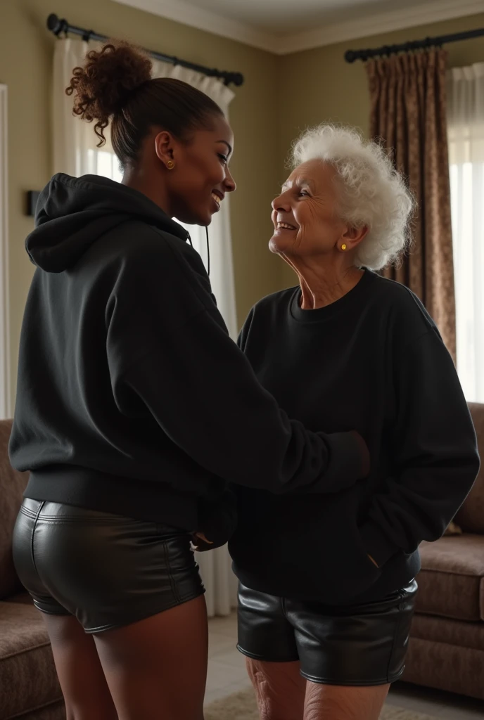black woman hair in a bun black hoodie black leather short shorts getting fucked in the ass by a old age white grandma in a dress in a living room
