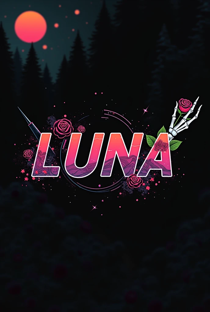 High resolution, logo spelling luxury “LUNA” cool, brand logo, logo for tshirt, brand logo “LUNA”, neon vibes, acid trip vibes, acid trip, shooting stars, acid trip inside “LUNA”, acid trip, hallucinations inside “LUNA”, Waves of hallucinations, Acid trip hallucinations inside “LUNA” , Waves of hallucinations inside “LUNA, splash, black roses with green leaves, blood moon, horror, skeleton hand holding rose,