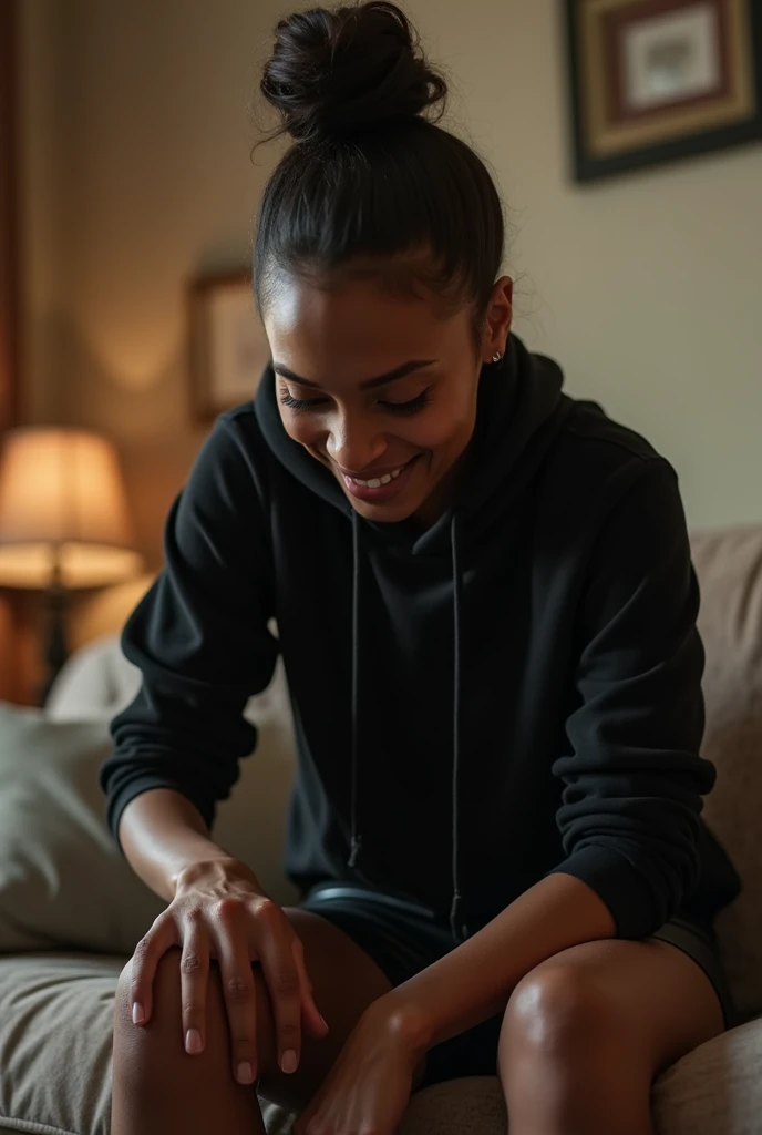 black woman hair in a bun black hoodie black leather short shorts getting fucked in the ass by a old age white grandma in a dress in a living room