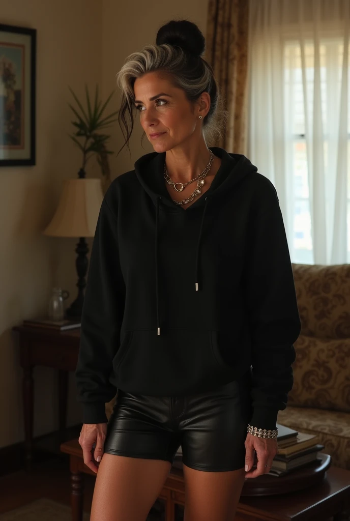 black woman hair in a bun black hoodie black leather short shorts getting fucked in the ass by a old age white grandma in a dress in a living room