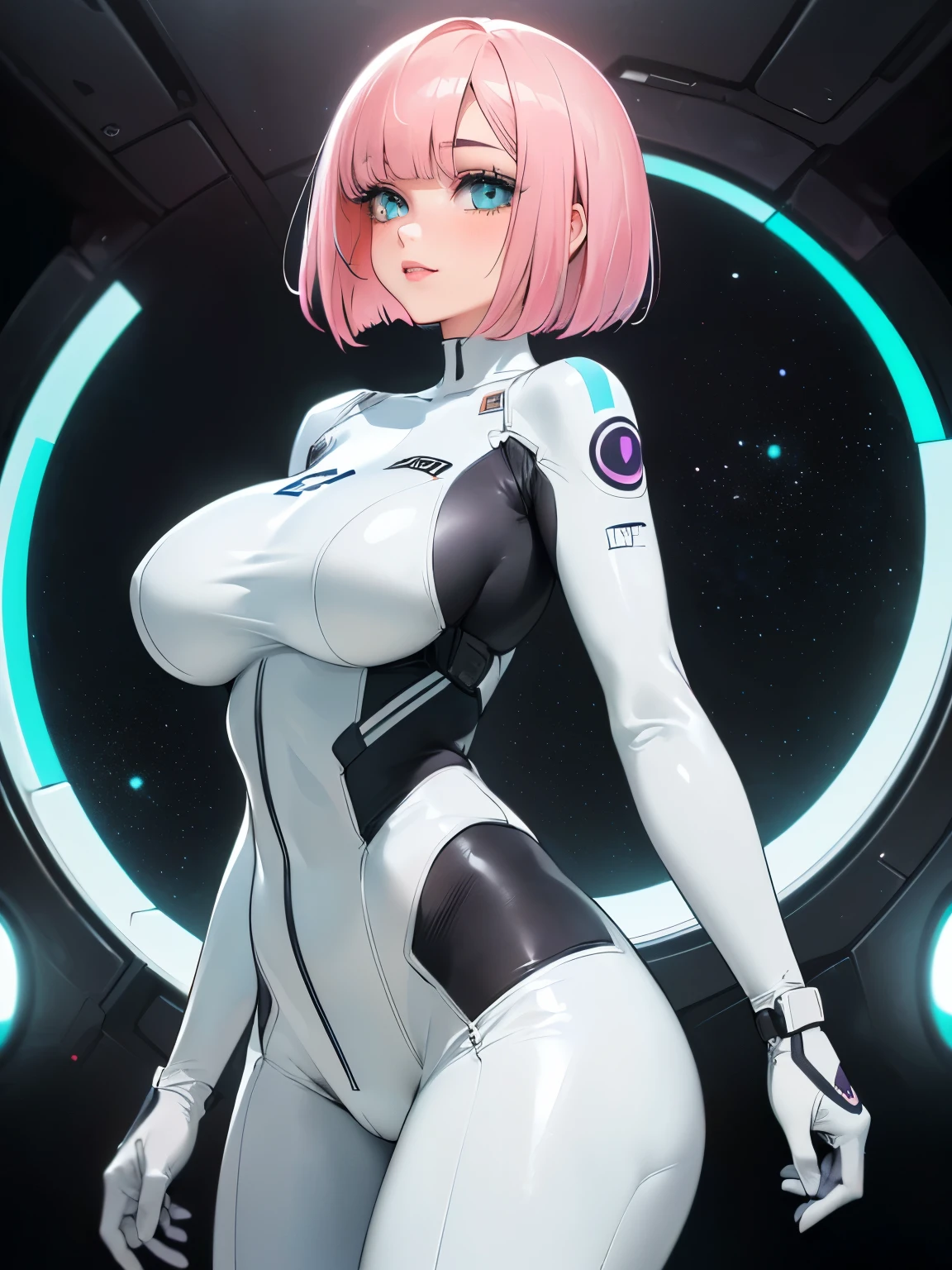 SFW (masterpiece, best quality, 32k) a youthful age girl with short pink hair ((pale pink hair, pastel pink hair, bangs, diagonal bangs, straight bangs, bob, inverted bob, straight bob, perfect bob, stylish bob, asymmetrical hair, asymmetrical bangs)), ((turquoise eyes, aquamarine eyes, light blue eyes, detailed eyes)), ((eyeliner, eyeshadow, lipstick, light makeup)), ((youthful face, beautiful face, cute face, pretty face, girly face)), ((pale skin, smooth skin, perfect skin, porcelain skin)), sci-fi, futuristic, simple background. ((Stylish outfit, futuristic outfit, Sci-Fi outfit)), ((bodysuit, black and white bodysuit, black bodysuit, white bodysuit, tight bodysuit, taut bodysuit, skintight bodysuit, spacesuit, purple accents:1.5, grey accents:1.5, armored bodysuit, cameltoe:1.5)), ((belt pouches, utility belt, harness, framed breasts)), ((huge breasts:2.5, big breasts:2, round breasts:2)), ((slim:1.4, lithe:1.4, slender:1.4, thin:1.4, busty:1.2, buxom:1.2)), ((round hips, thin waist, wide hips)), ((long legs, slender legs)), small smile ((full lips)), calm expression, content expression, serene expression, happy expression, open eyes, large eyes, expressive eyes, head-to-waist portrait, cinematics, color oil painting, cinematic lighting, ((extremely detailed face)), ((finely detailed face)), Extremely detailed eyes, finely detailed eyes, beautiful face, beautiful eyes, perfect lighting, depth of field, (realistic proportions), (good anatomy), ((solo:1.6)), ((1girl:1.6))