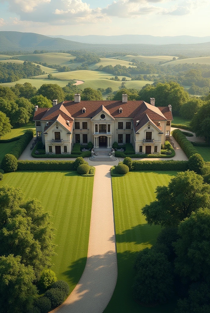 A villa on a very large plot. From a bird&#39;s eye view. With larger windows and more country style