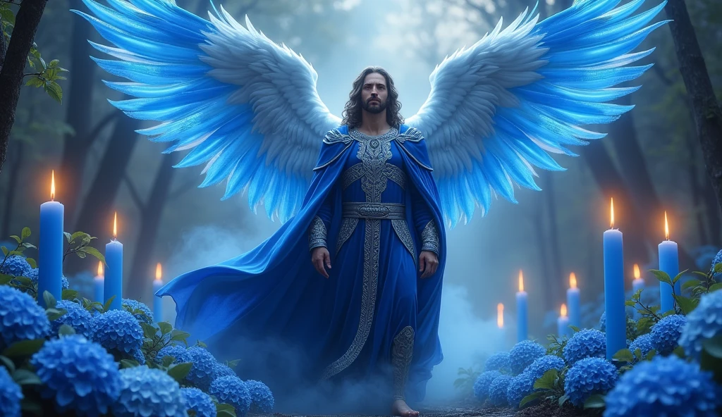 ultra realistic image of archangel michael chic velvet tunic and blue cape, with his blue flame sword, many blue candles lit, blue kyanite crystals,, convey depth, in the background the legion of angels of Archangel Michael in the hydrangea garden